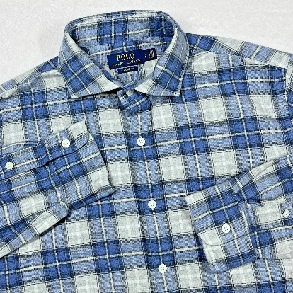 Polo Ralph Lauren Button Down Men Large Blue Grey Plaid Classic Fit Cotton Shirt